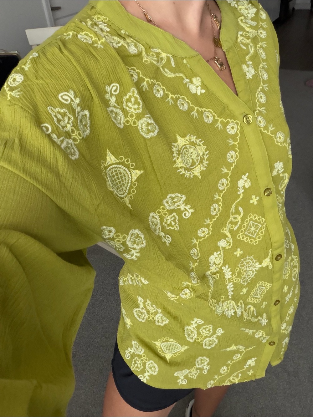 Lime Green Embroidered Button-Front Women's Top